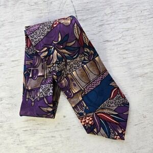 Vintage Jones New York Tropical Tie 57" Floral Exotic Jungle‎ Architecture 1990s